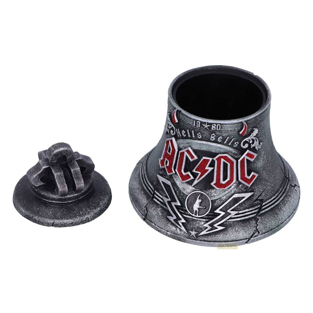 Un recipiente metálico con forma de campana AC/DC Hells Bells con tapa extraíble sobre fondo blanco.