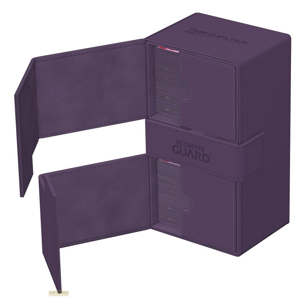 Une boîte à cartes violette Ultimate Guard Twin Flip'n'Tray avec des compartiments ouverts.