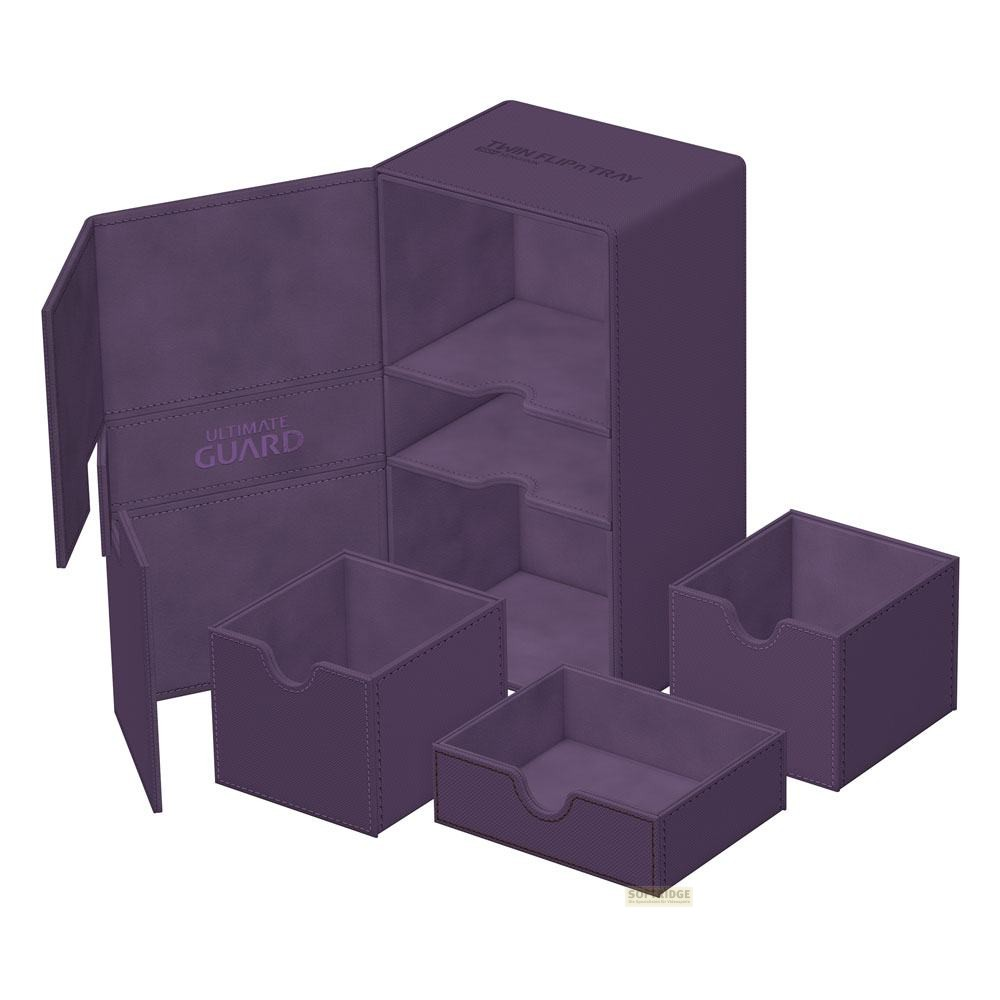 Une boîte de cartes violette ouverte Ultimate Guard Twin Flip'n'Tray avec tiroirs amovibles.