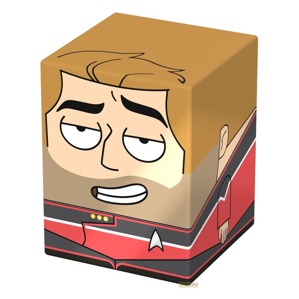 Une boîte carrée de style dessin animé présente l'illustration d'un homme blond vêtu d'un uniforme rouge Star Trek.