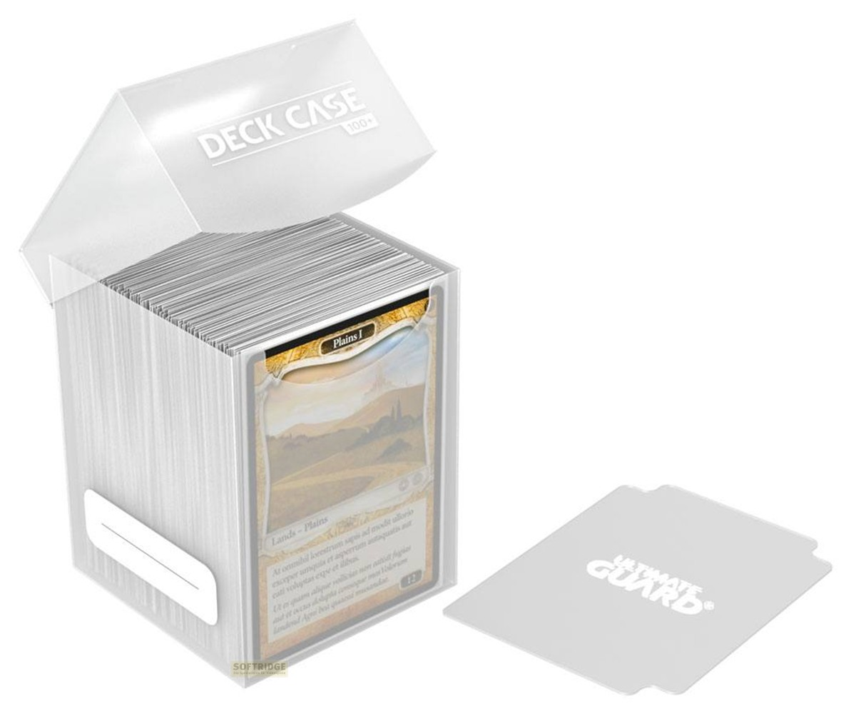 Boîte de deck transparente ouverte avec une pile de cartes et un séparateur à côté.