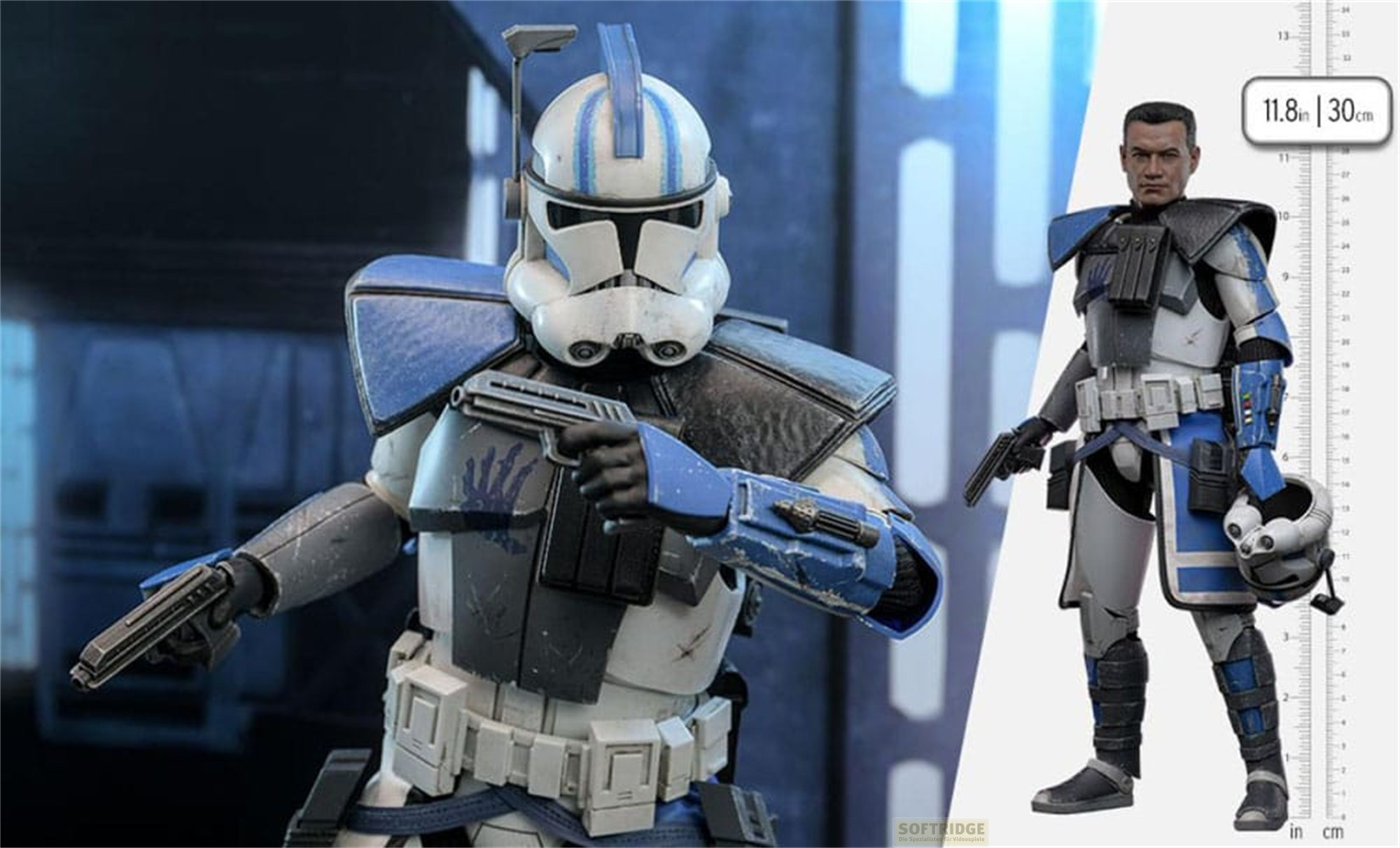 Figura de acción de un soldado clon azul y blanco con blasters y casco.