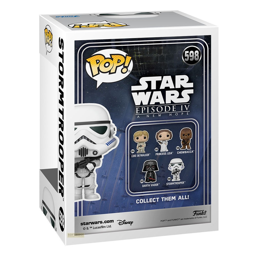 Figurka Funko Pop Star Wars Stormtrooper w kolekcjonerskim pudełku z tłem statku kosmicznego.