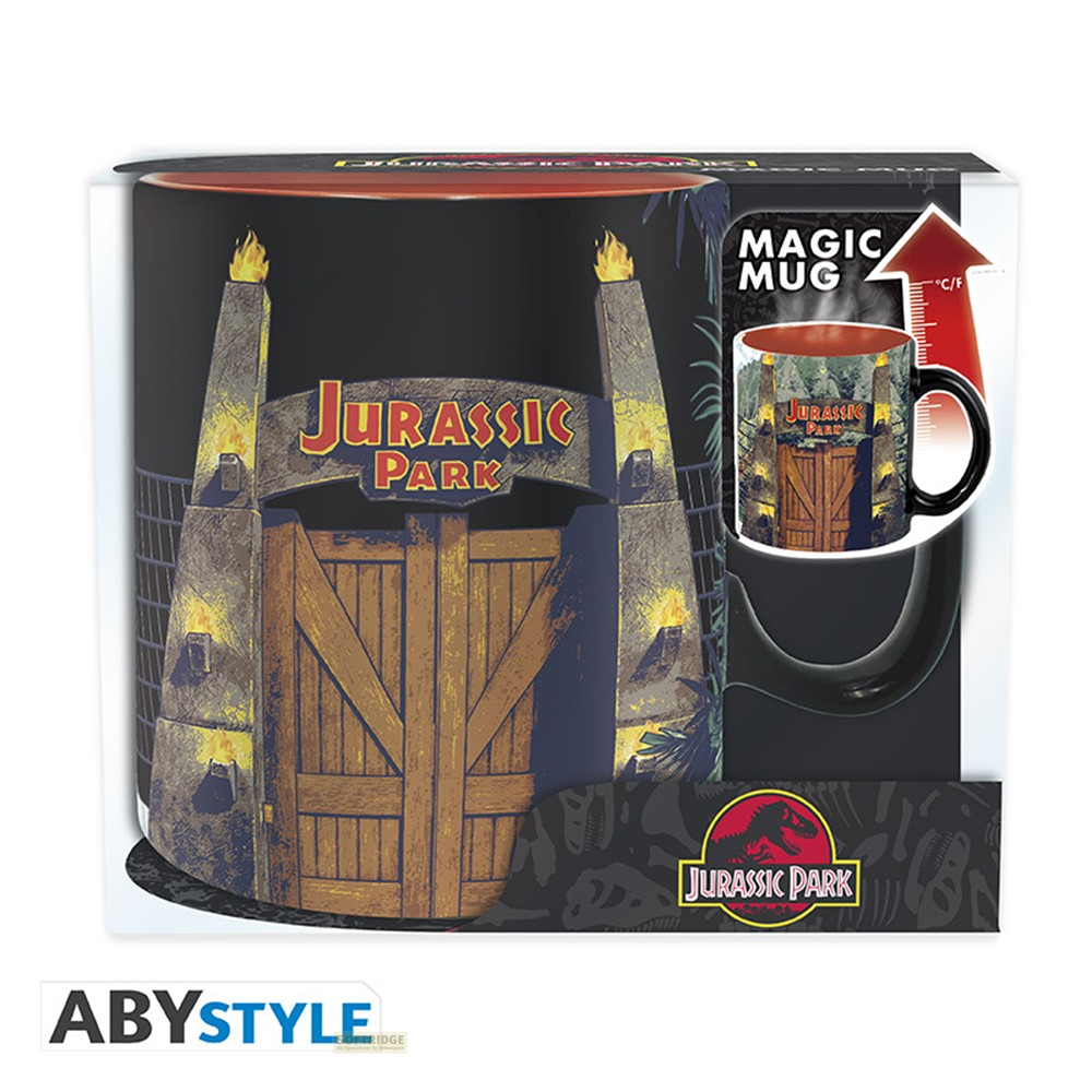 Taza mágica de Jurassic Park en su caja mostrando la puerta abierta.