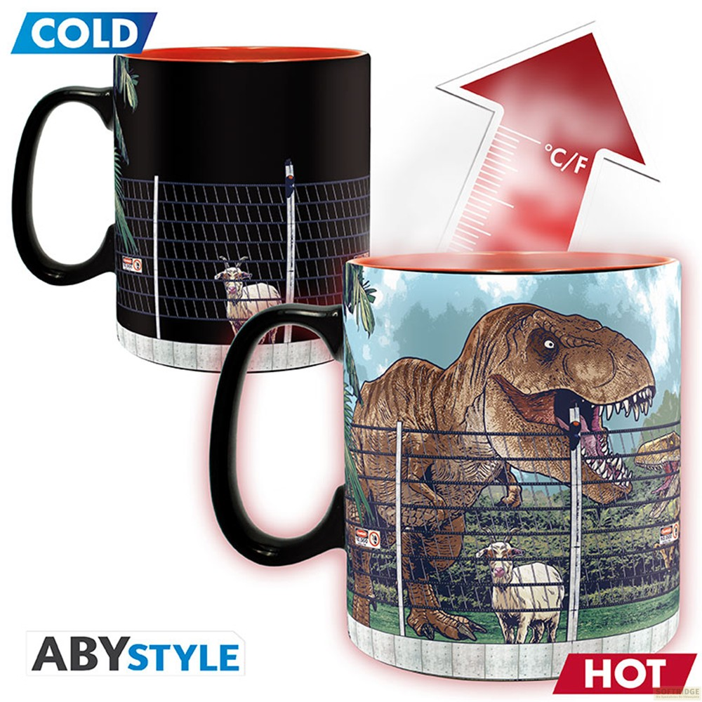 Taza termosensible revela un T-Rex y una cabra detrás de una valla al calentarse.