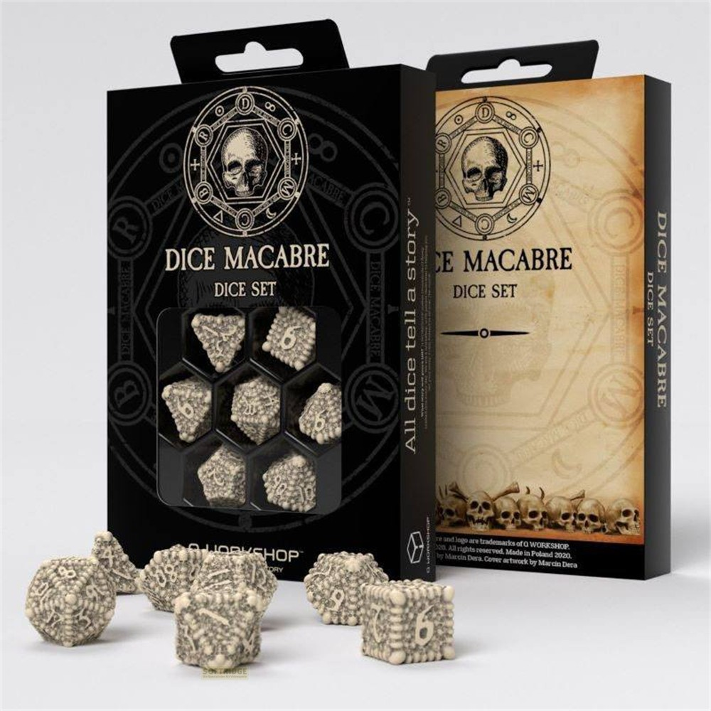 Set de dés Dice Macabre dans un emballage noir et beige avec des crânes, et des dés individuels devant.