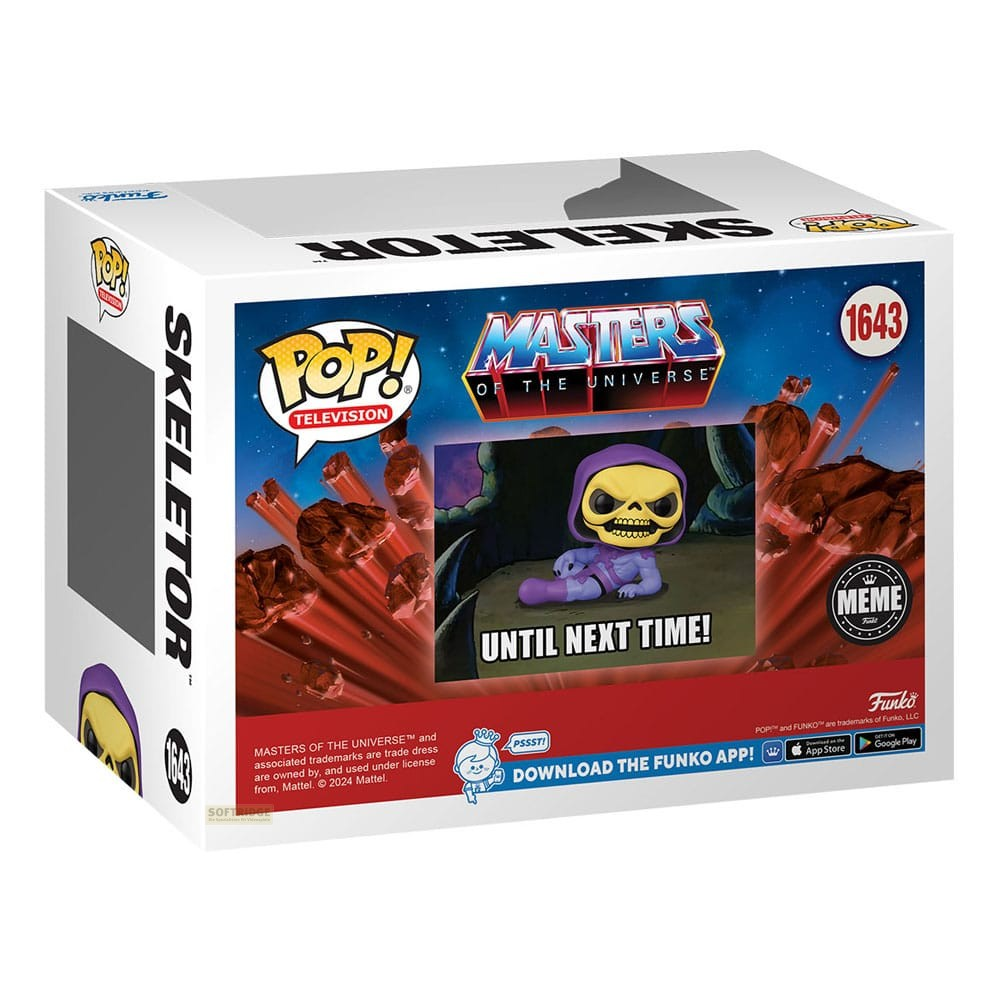 Caja de Funko Pop de Skeletor con figura sobre fondo rocoso.