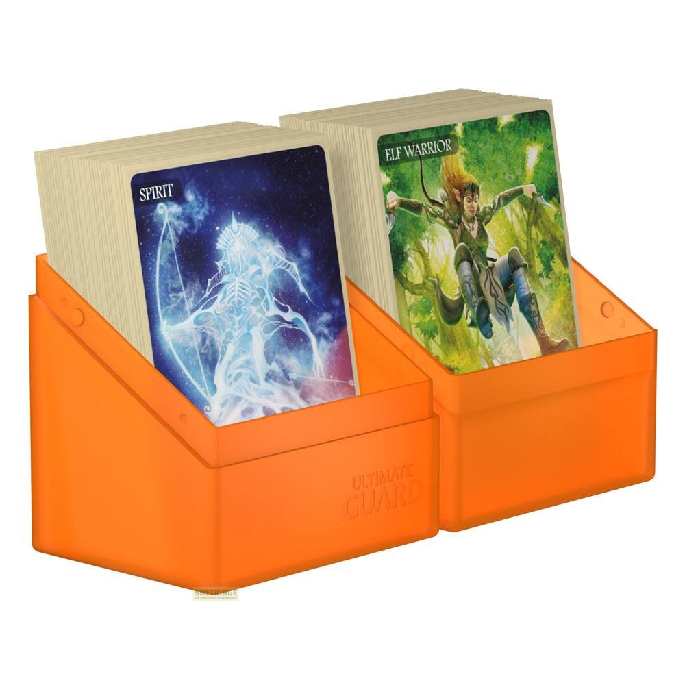 Deux boîtes de deck orange Ultimate Guard contenant des cartes, Spirit à gauche et Elf Warrior à droite.
