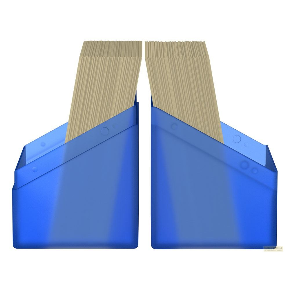 Deux supports bleus remplis de grandes piles de papier sur fond blanc.