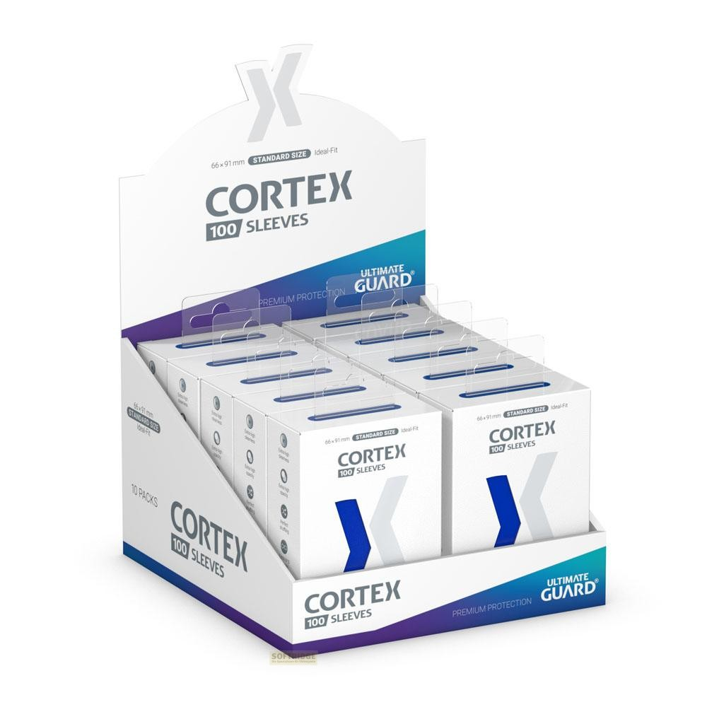 Un présentoir de comptoir contenant dix paquets de protège-cartes Ultimate Guard Cortex.