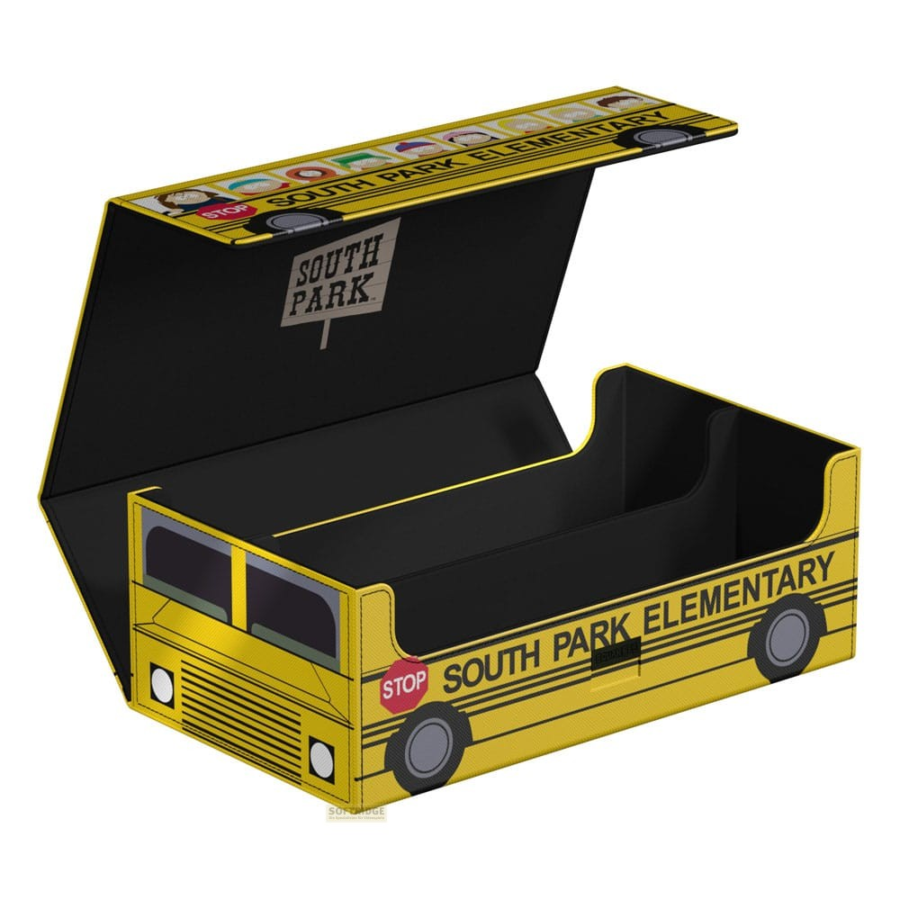 Une boîte de rangement jaune ouverte sur le thème d'un bus scolaire de South Park Elementary.