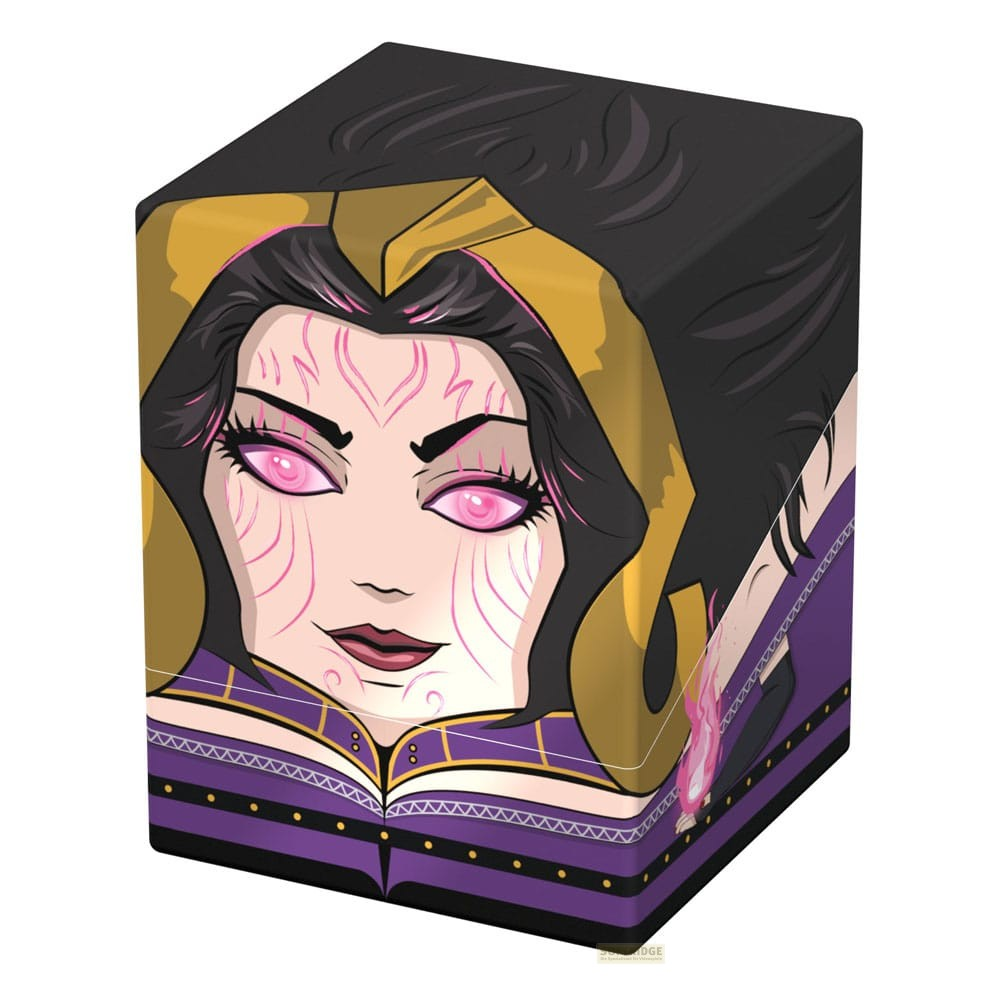 Une boîte de jeu noire présente une femme de style cartoon aux cheveux sombres et aux yeux roses luisants.