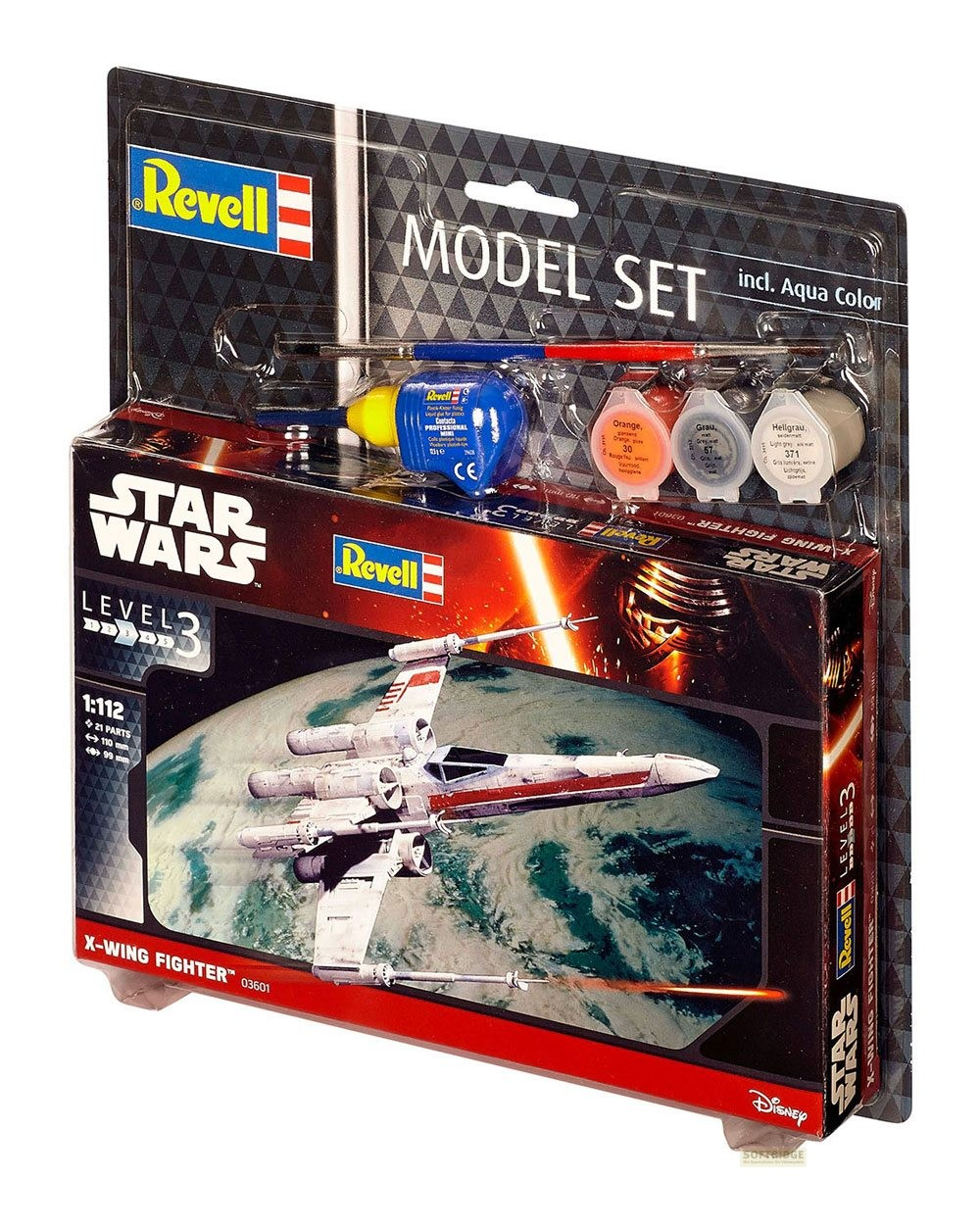 Modello Revell Star Wars X-Wing Fighter in confezione con colori, colla e pennello.