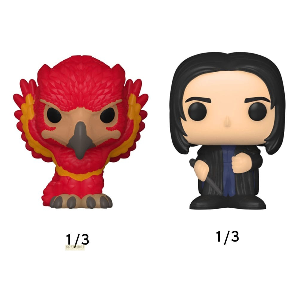Dwie figurki Funko Pop: czerwony feniks i czarnowłosy czarodziej z różdżką na białym tle.