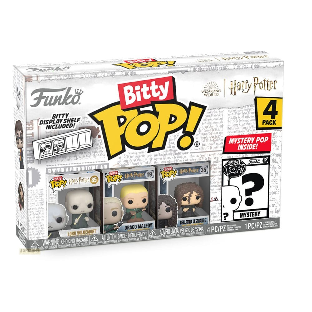 Pudełko 4 sztuk Funko Bitty Pop! Harry Potter z figurkami Voldemorta, Draco Malfoya, Bellatrix Lestrange i tajemniczą figurką.