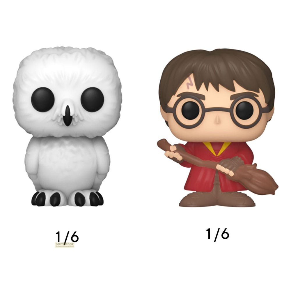 Dwie figurki Funko Pop z Harrym Potterem: sowa Hedwiga i Harry Potter z miotłą na białym tle.