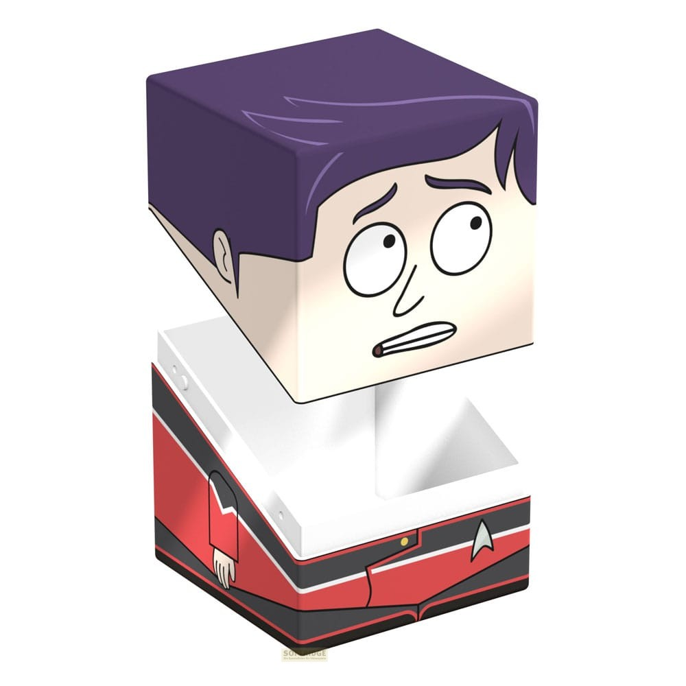 Une figurine en papier cubique avec des cheveux violets et un uniforme Star Trek.
