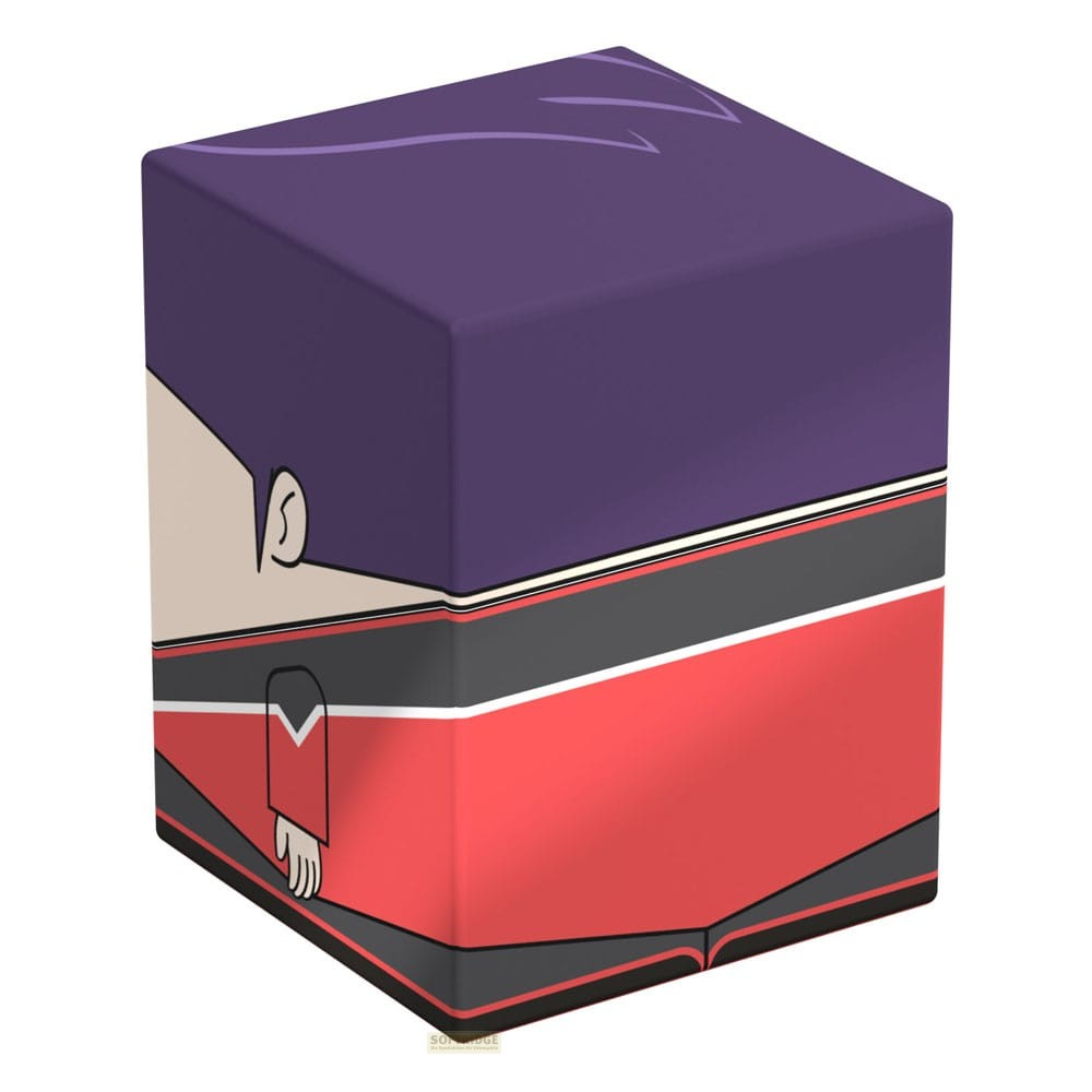 Un cube violet et rouge représentant un personnage de dessin animé.