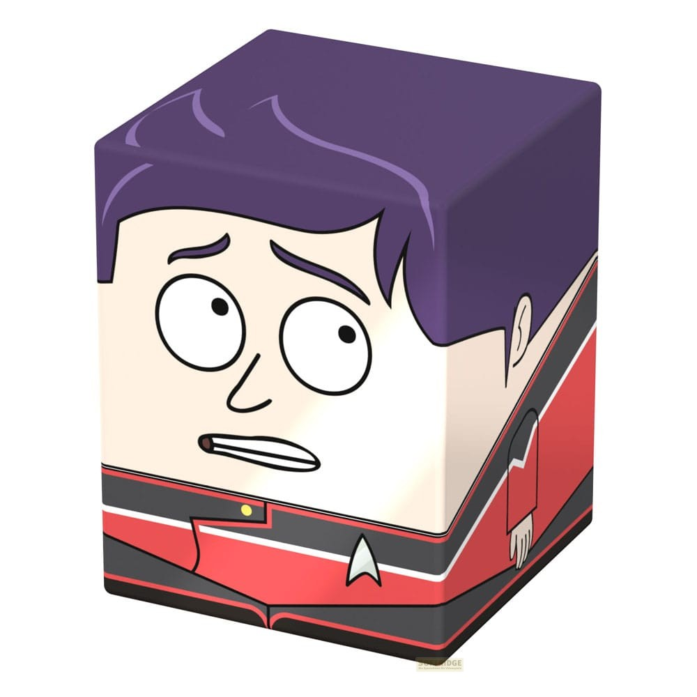 Personnage de dessin animé cubique avec des cheveux violets et un uniforme rouge.