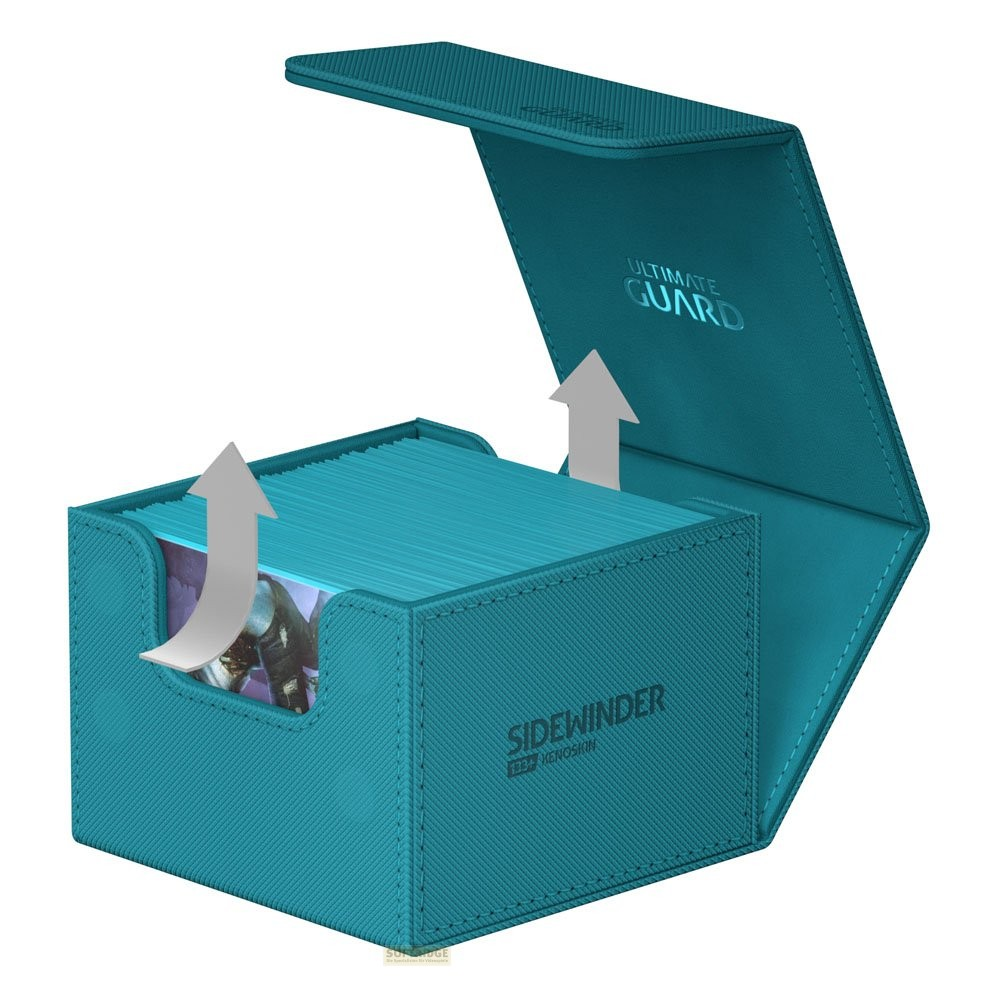Boîte de deck Ultimate Guard Sidewinder bleu sarcelle ouverte, remplie de cartes avec des flèches pour les retirer.