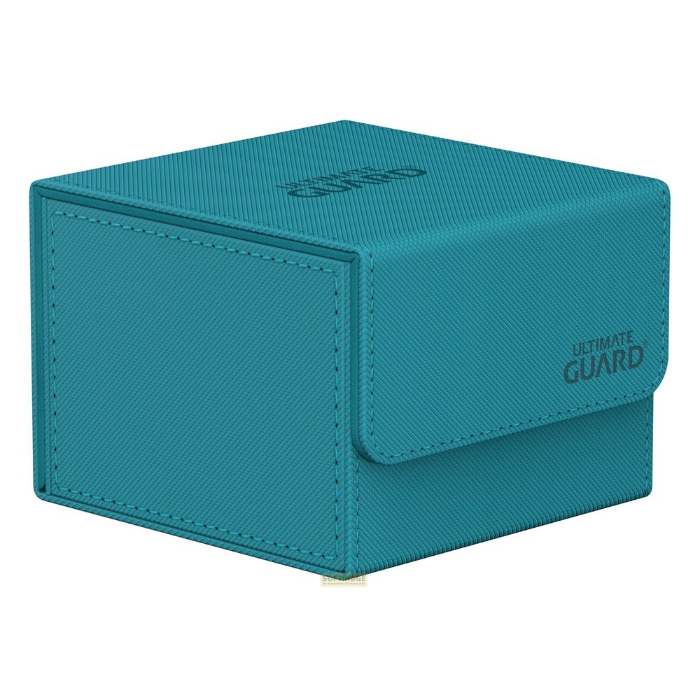 Une boîte de deck Ultimate Guard turquoise fermée avec une surface texturée et le lettrage de la marque gris.