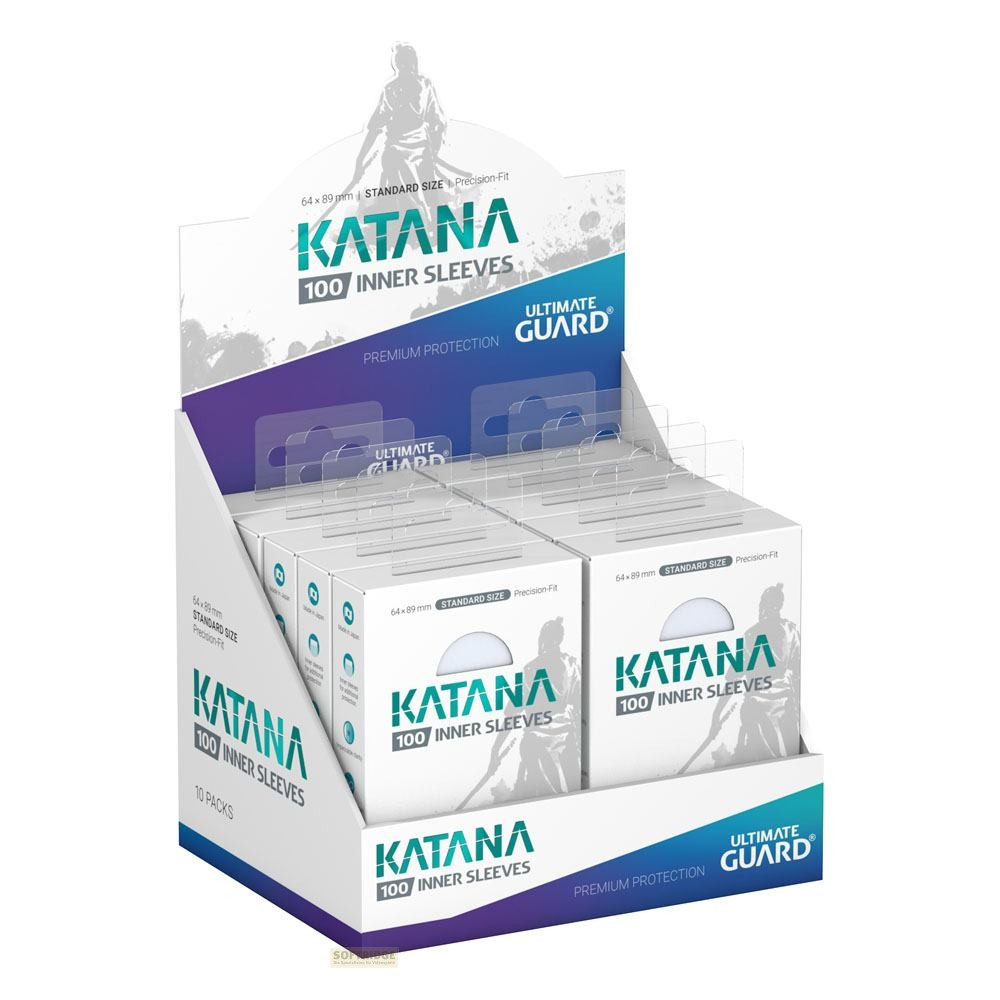 Un présentoir de vente rempli de protège-cartes intérieurs Katana 100, avec une image de marque blanche et bleue.