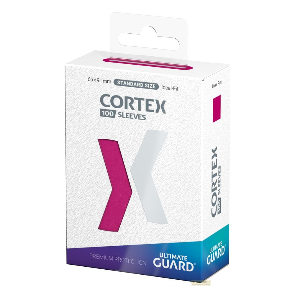 Une boîte blanche et rose de 100 protège-cartes Cortex d'Ultimate Guard.