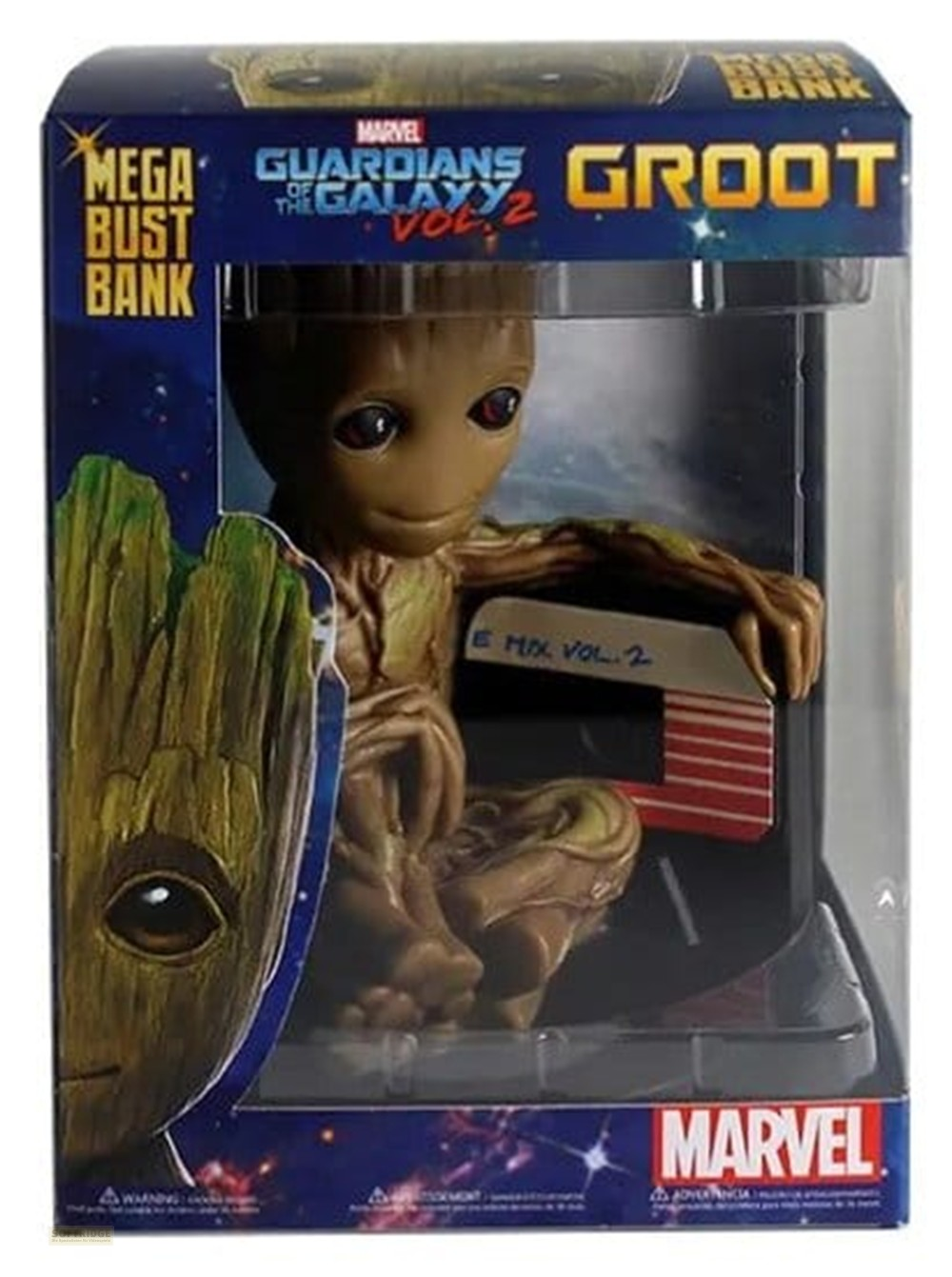 Una figura de Groot Mega Bust Bank de Guardianes de la Galaxia Vol. 2 dentro de su caja de embalaje.
