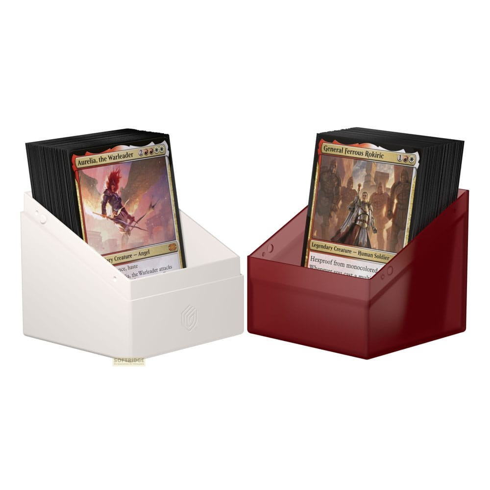 Deux boîtes de cartes avec des cartes Magic, une blanche à gauche et une rouge foncé à droite.