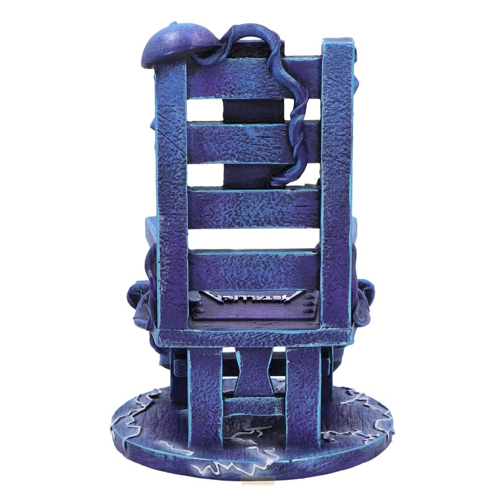 Blaue elektrische Stuhl-Skulptur mit Tentakeln und Metallsitz.