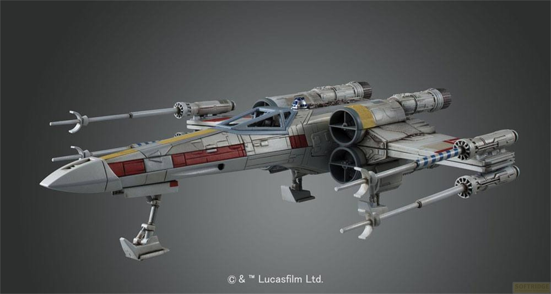 Un caccia stellare X-wing bianco con segni rossi e un droide su sfondo grigio.