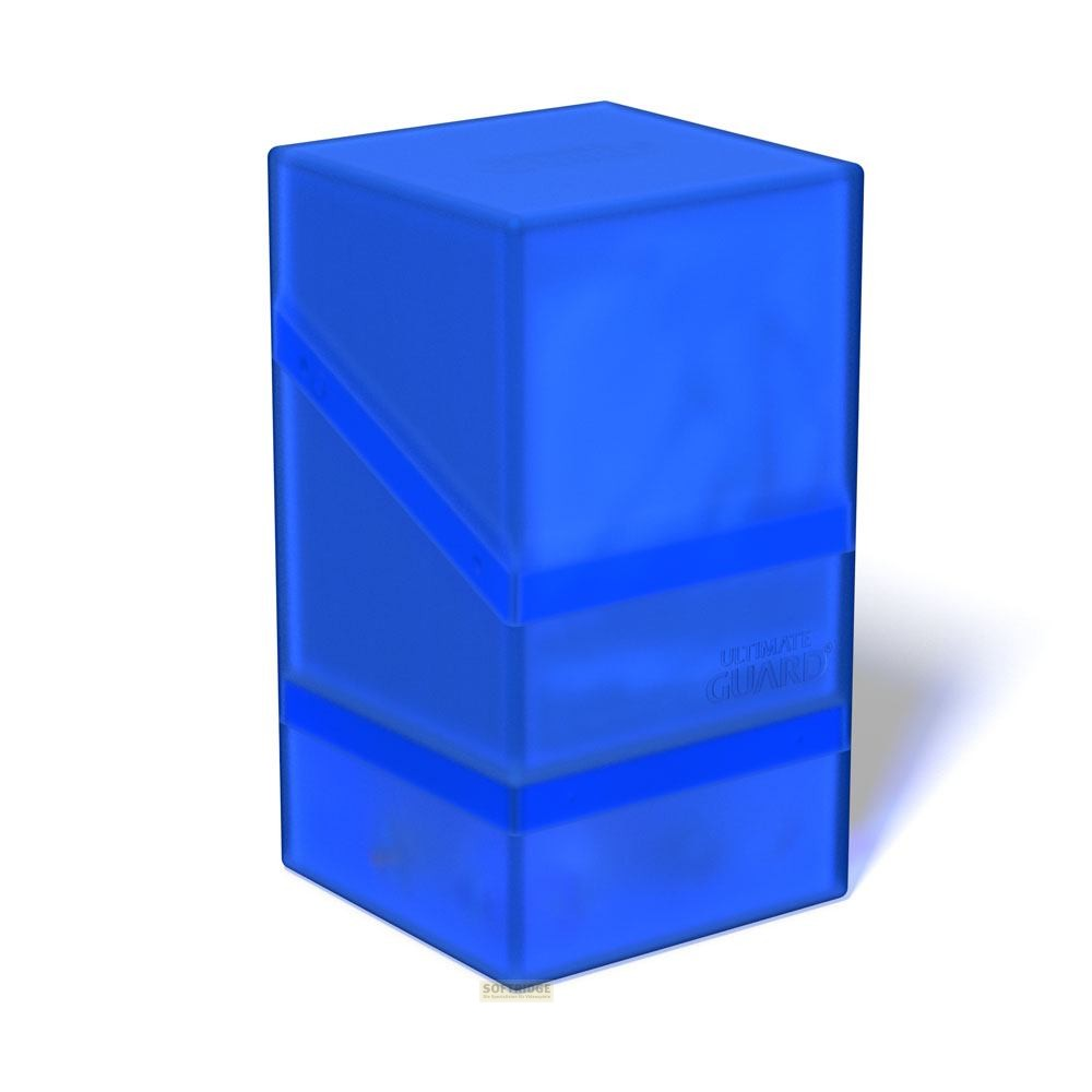 Une boîte de deck Ultimate Guard bleue et semi-transparente sur fond blanc.