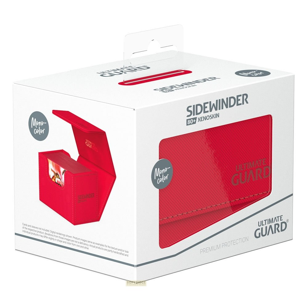 Une boîte d'emballage blanche pour la boîte de deck rouge Ultimate Guard Sidewinder 80+ Xenoskin.