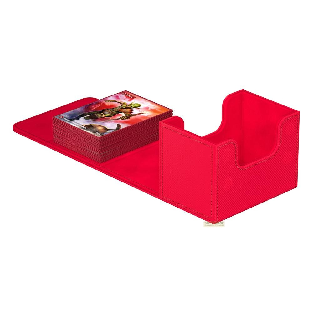 Boîte de cartes rouge avec un jeu rempli et un compartiment ouvert.