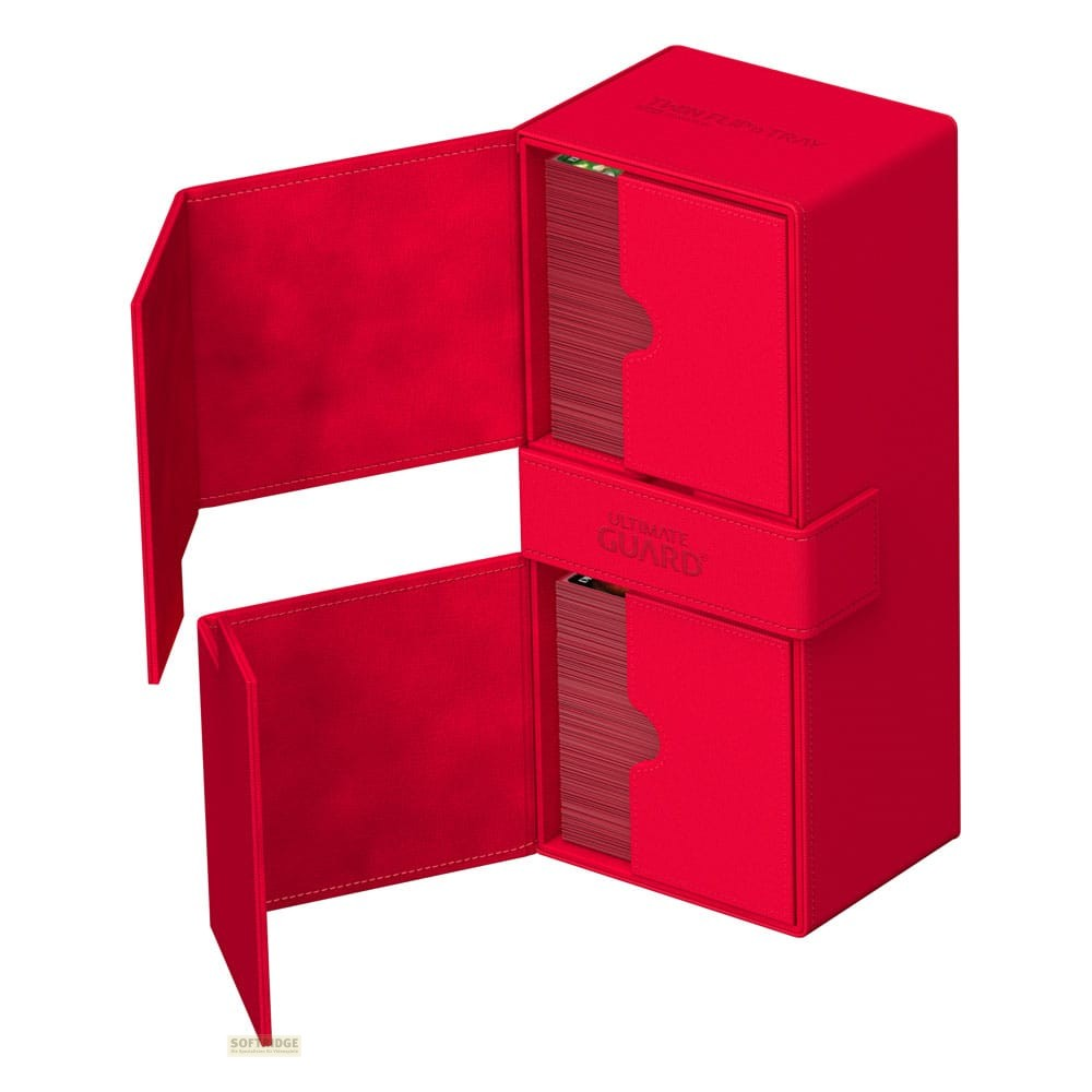 Une boîte de deck rouge Ultimate Guard Twin Flip'n'Tray avec deux compartiments ouverts montrant des cartes.