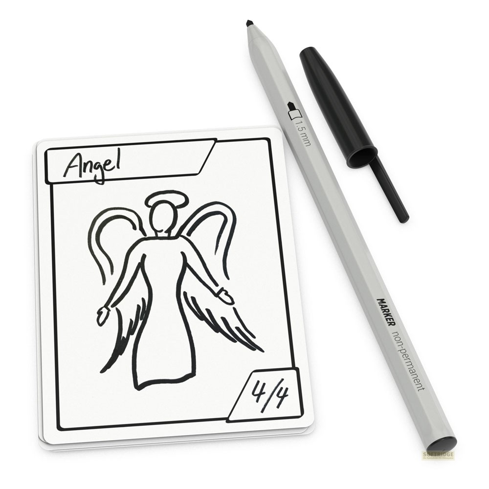 Une carte de croquis représentant un ange avec des ailes et une auréole, étiquetée Angel 4/4, à côté d'un feutre gris.