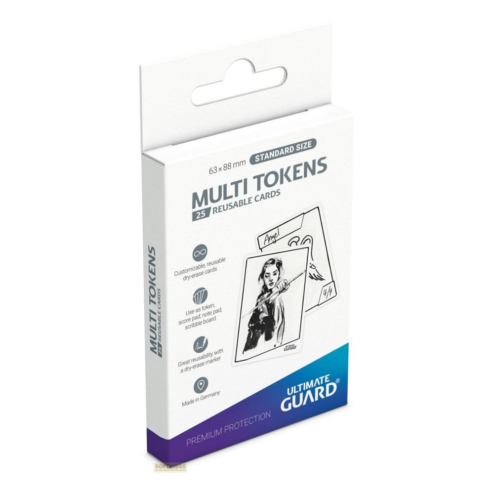 Boîte blanche Ultimate Guard Multi Tokens, 25 cartes réutilisables sur fond blanc.
