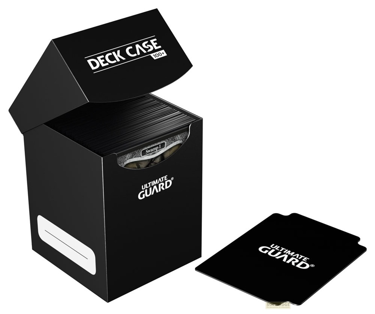 Un boitier noir Ultimate Guard Deck Case 100+ ouvert, rempli de cartes, a cote d'un intercalaire.