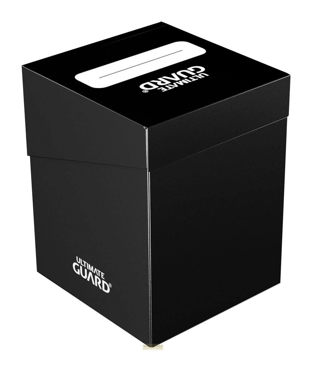 Une boîte de pont Ultimate Guard noire avec logo blanc et étiquette inscriptible sur le dessus.