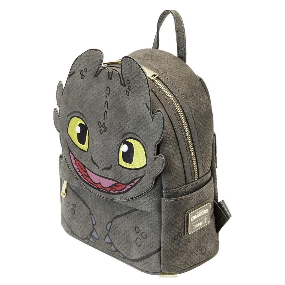 Zaino grigio Loungefly ispirato a Sdentato da Dragon Trainer, con grandi occhi gialli.
