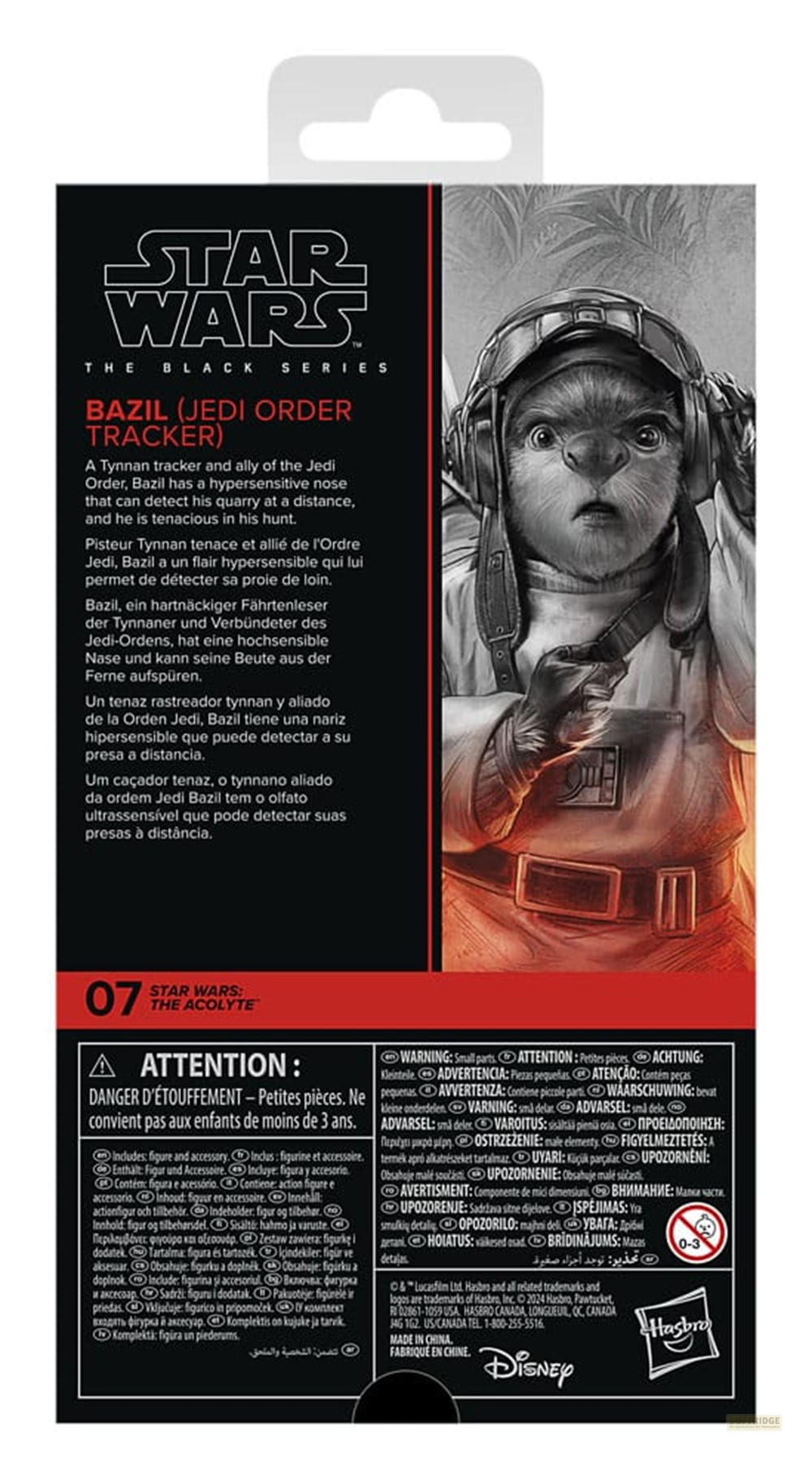 Parte trasera del embalaje de Star Wars Black Series con el personaje Bazil y texto.
