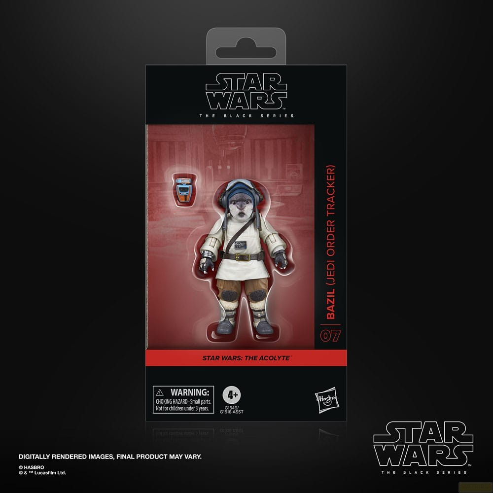 Figura de acción Bazil de Star Wars The Black Series en su empaque con accesorio sobre fondo rojo.