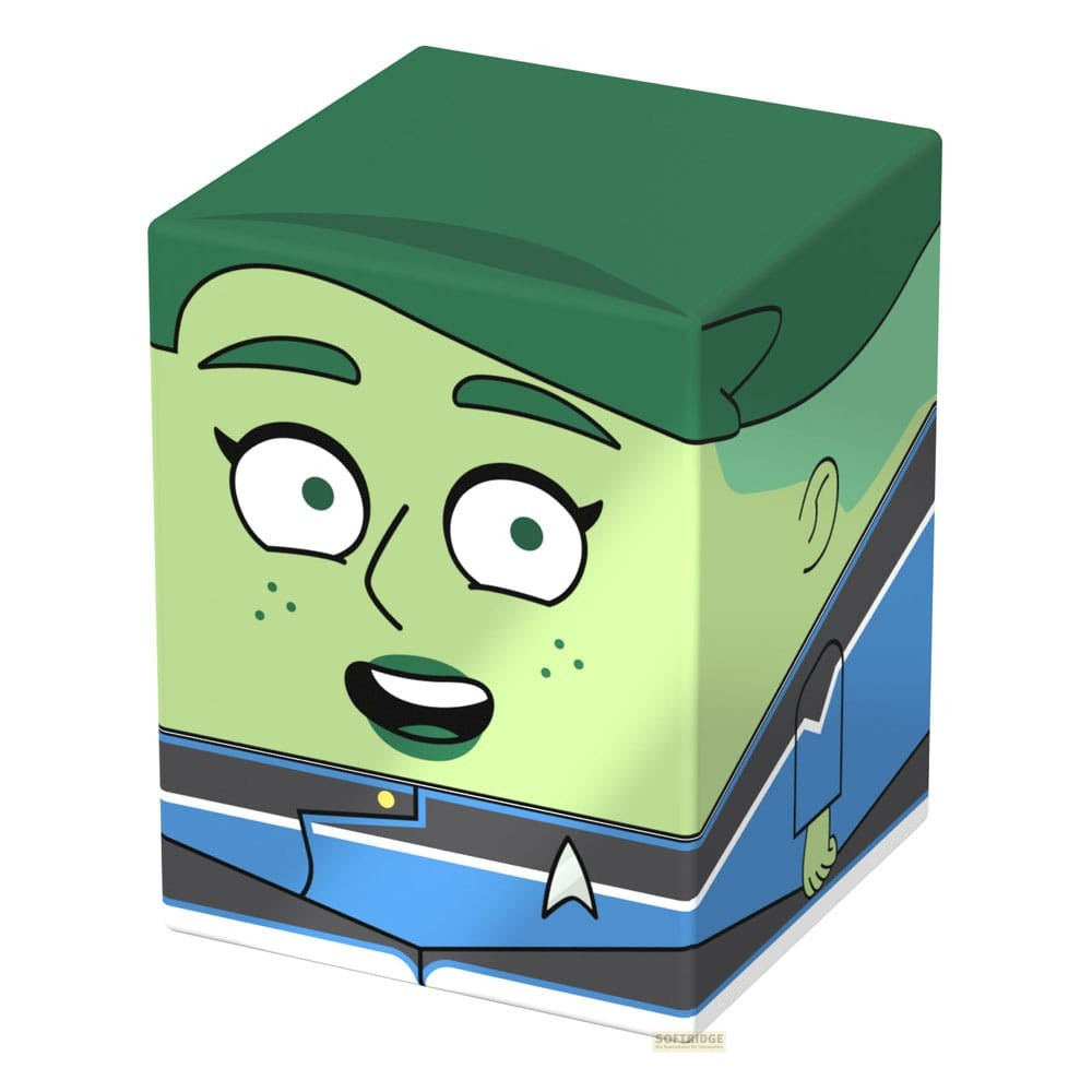 Un cube vert aux grands yeux portant un uniforme bleu de Star Trek.