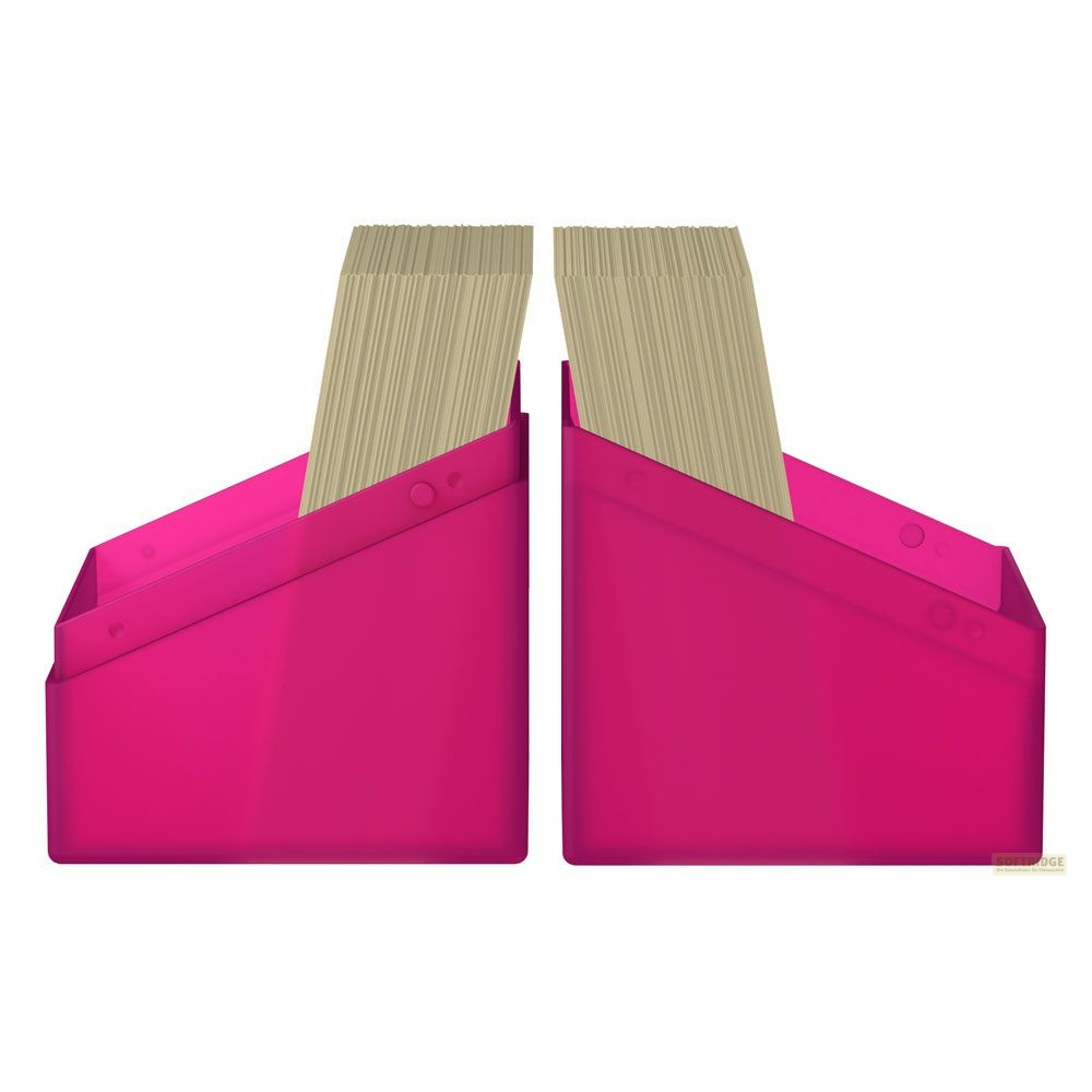 Deux boîtes de fiches roses remplies de fiches sur fond blanc.