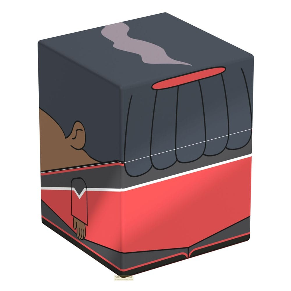 Un bloc stylisé et coloré avec des motifs de personnages de dessins animés en rouge, noir et gris.