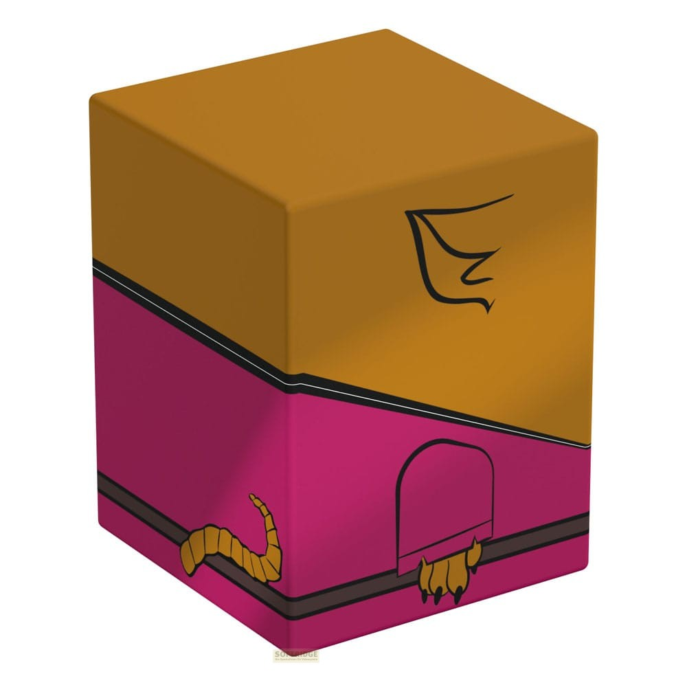 Une boîte carrée, marron en haut et rose en bas, avec une porte dessinée et des griffes.