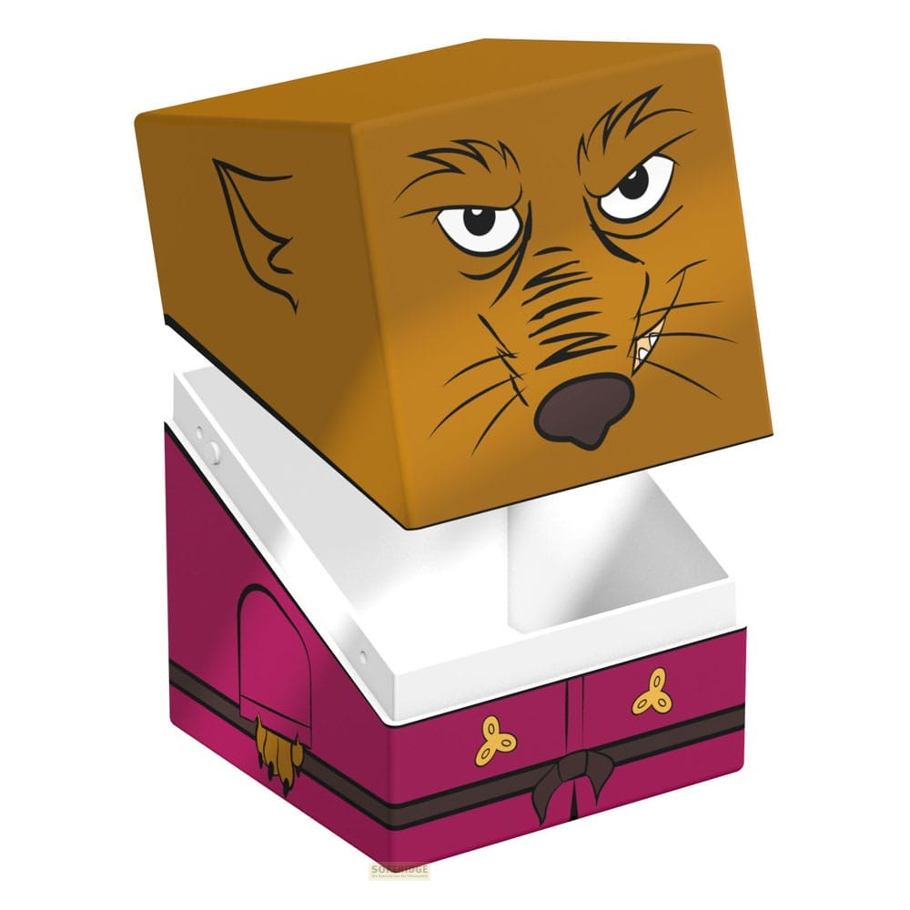 Une boîte carrée avec un visage de loup en haut et un design de manteau rouge en bas.