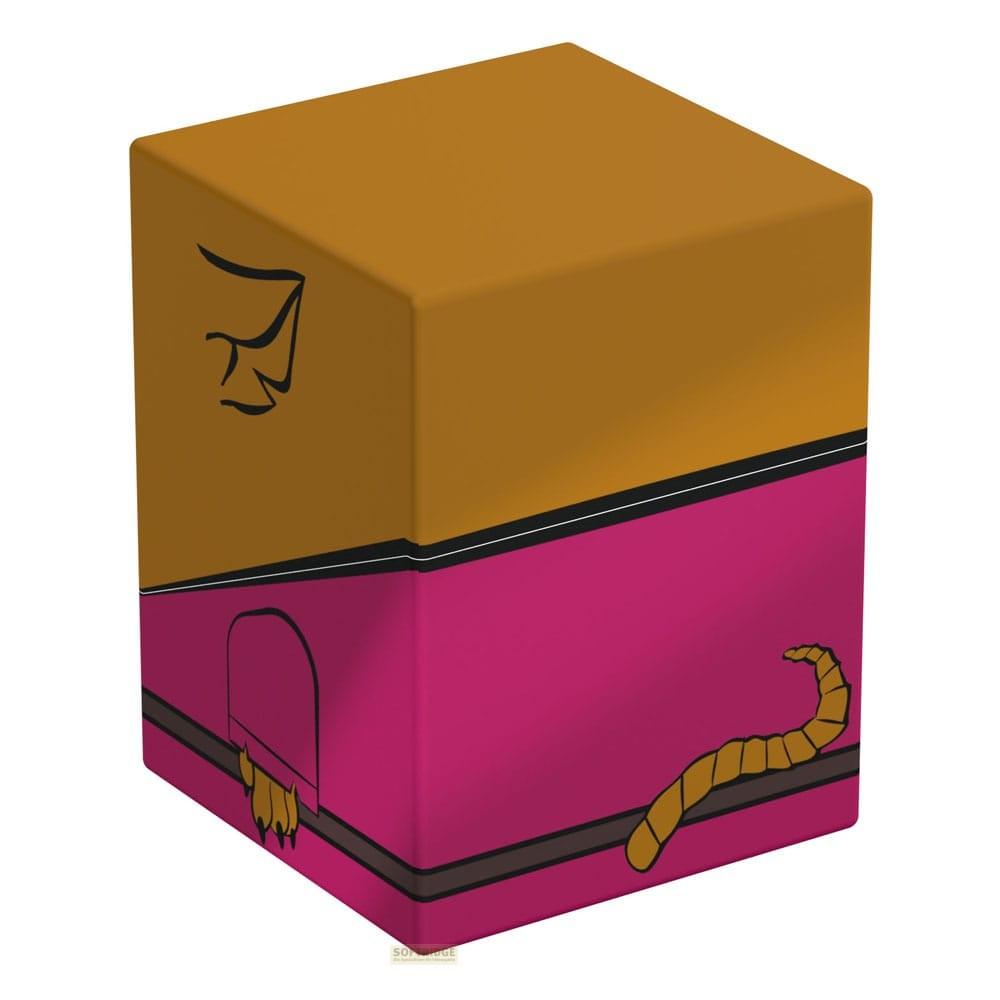 Un bloc jaune et rose avec des motifs animaux, des griffes à l'entrée et un ver.
