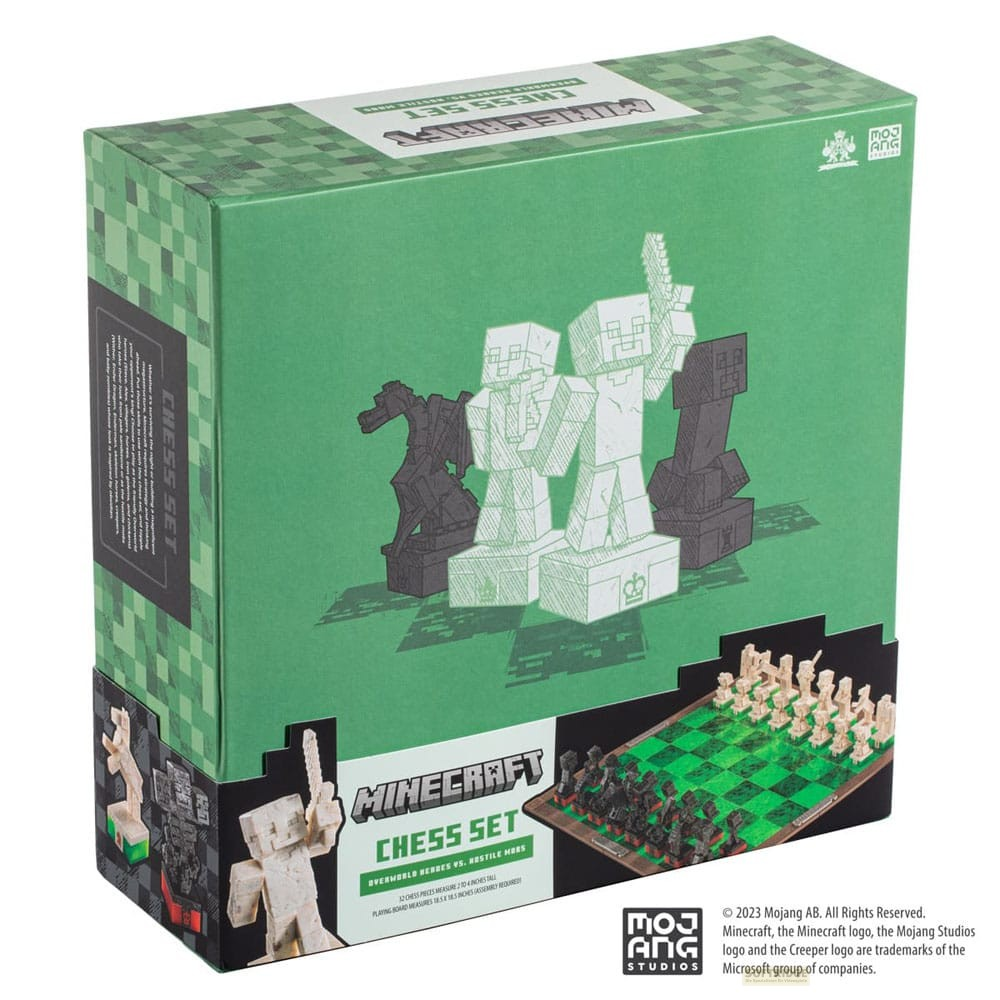 Una caja verde de ajedrez de Minecraft muestra piezas pixeladas y gráficos de tablero sobre fondo blanco.