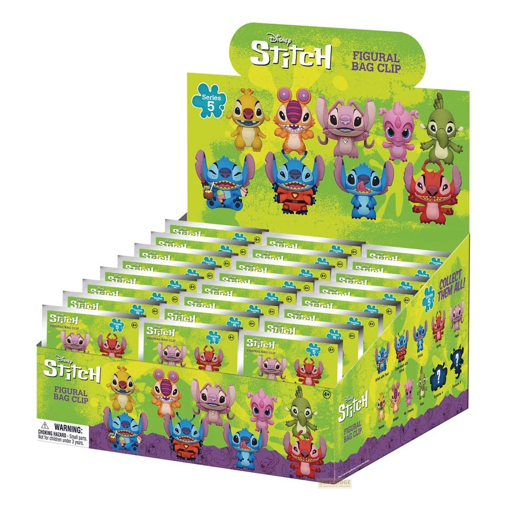 Display-Box mit Disney Stitch Figural Bag Clip Mystery-Packs in Regalen angeordnet.